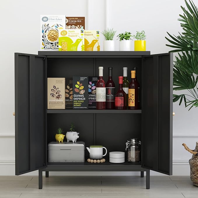 Small 2 Metal Storage Side Buffet Cabinet for Bed Room,Living Room,Entryway,Hallway,Home,Hotel,Office,Garage,Kitchen,1 Removable Shelf. (Metal Door, Black)