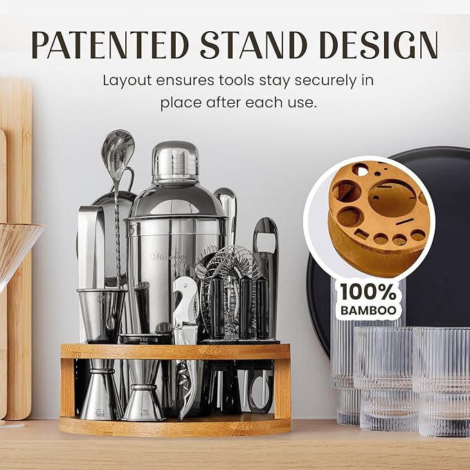 Mixology & Craft Bartender Kit – 15-Piece Cocktail Shaker Set with Bar Tools, Premium Stainless Steel Bar Accessories for Home Bar, Includes Bamboo Stand, Plus Exclusive Recipe Cards (Silver)