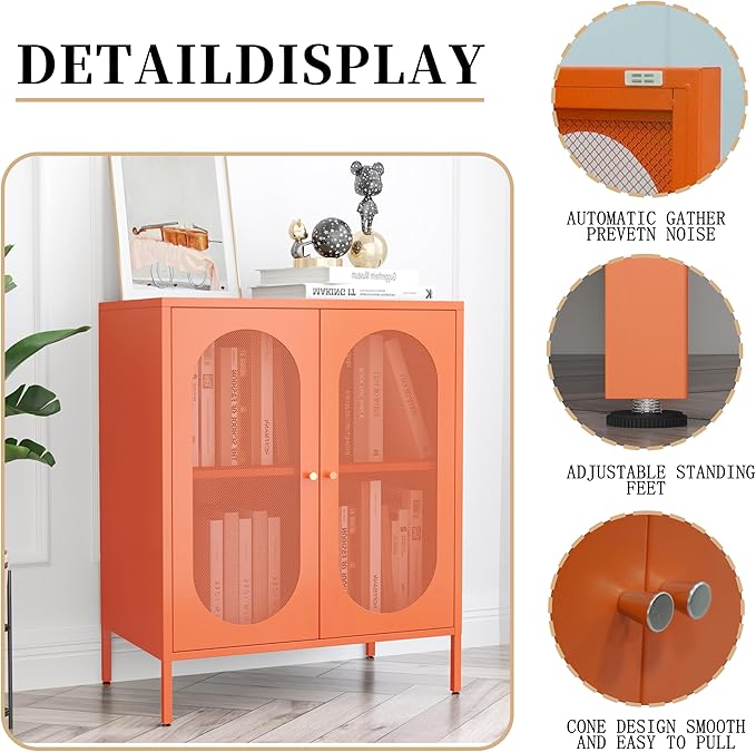 Small 2 Transparent Door Metal Storage Side Buffet Cabinet for Bed Room,Living Room,Entryway,Hallway,Home,Hotel,Office,Garage,Kitchen,1 Removable Shelf. (Mesh Door, Orange)