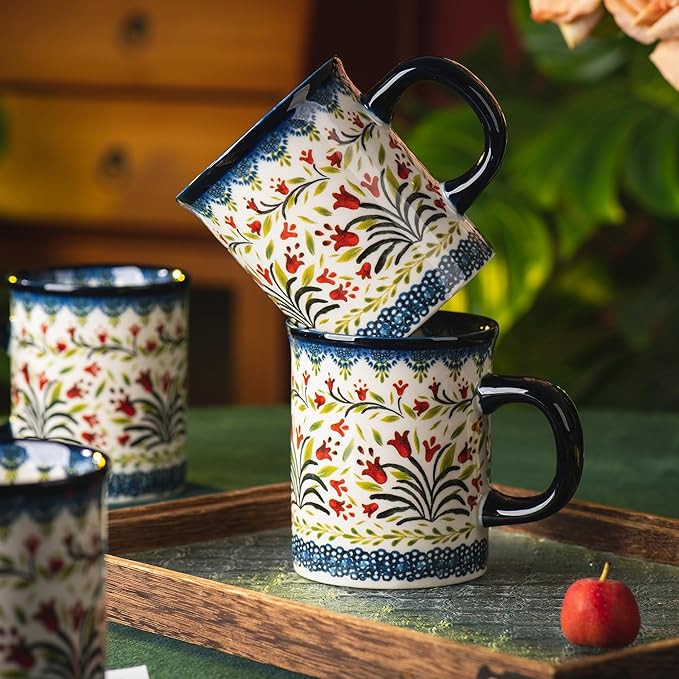 Ceramic Latte Mug Set of 4, 15.5oz Hand Painted Porcelain Coffee Cups With Handle for Tea/Milk/Cocoa - Modern Retro Design For Any Kitchen. Microwave and Dishwash Safe (Assorted Colors)