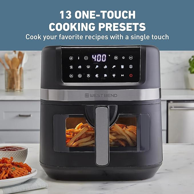 West Bend Air Fryer 7-Quart Capacity with Digital Controls View Window and 13 Cooking Presets, Nonstick Frying Basket, 1700-Watts, Black
