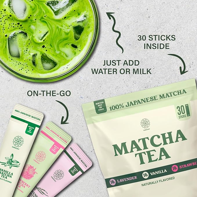 The Harmony Matcha Variety Pack (30 Sticks) Premium Japanese Matcha Powder, Lavender, Strawberry, Vanilla, Rich in Antioxidants & L-Theanine, Sweetened with Organic Sugar, No Preservatives