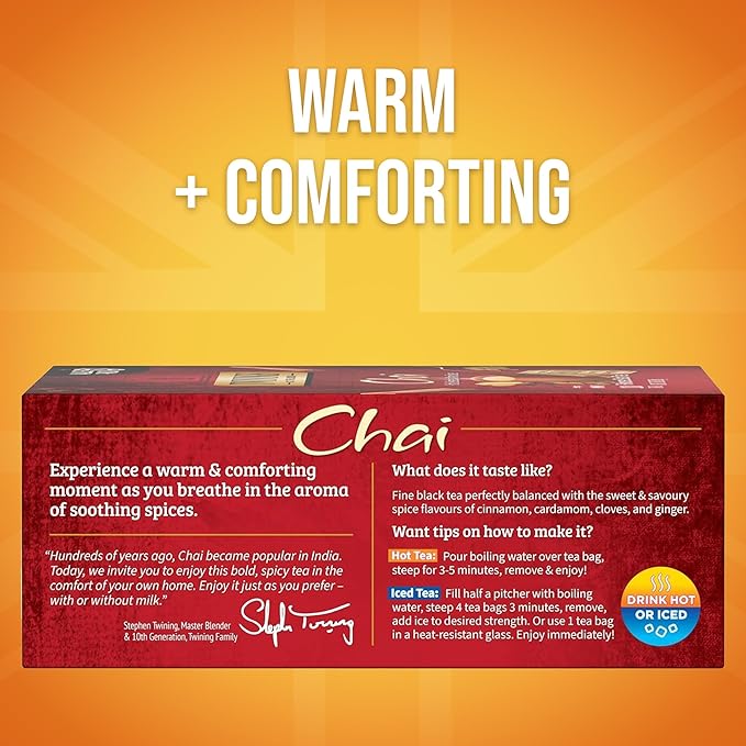 Twinings Chai Black Tea Individually Wrapped Bags, 100 Count (Pack of 1), Richly Blended with Warm Spices, Caffeinated, Enjoy Hot or Iced, 100 Teabags