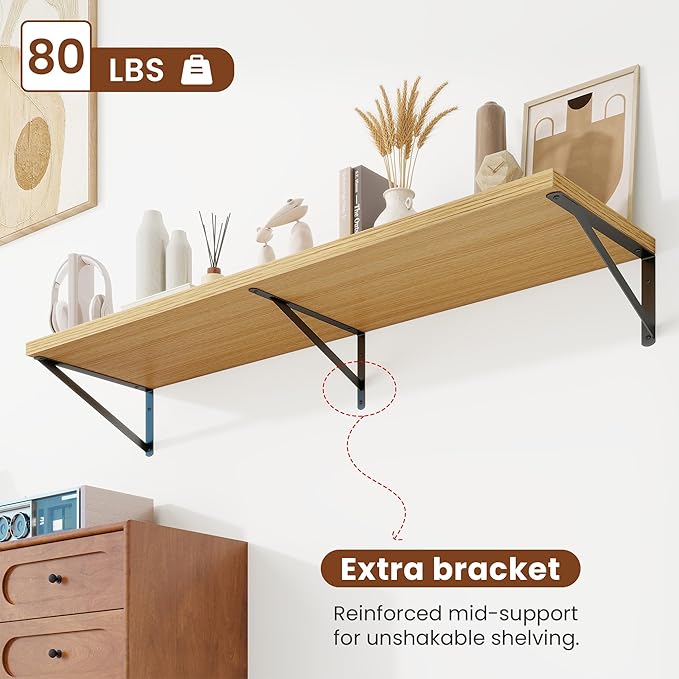 Deep Wall Shelves 55"W x 12"D Engineered Wood Floating Shelves for Wall, Sturdy Metal Bracket Bookshelves Home Decor Storage for Living Room Bedroom Bathroom Kitchen, Set of 2, Oak Finish