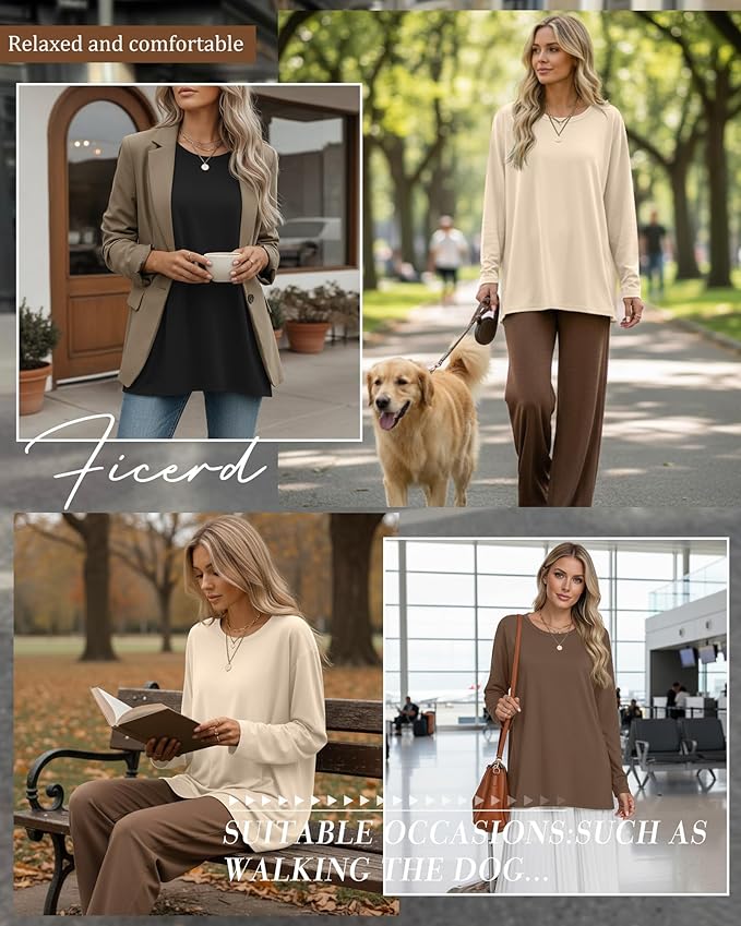 Ficerd 3 Pack Women's Oversized Long Sleeve Shirts Cotton Gym Round Neck Tops Loose Fit Casual Workout Baggy Fall Basic Tee