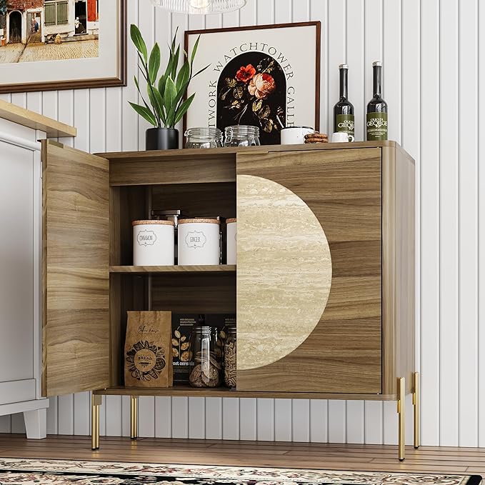 Sideboard Buffet Cabinet with Storage, Mid-Century Modern Kitchen Storage Cabinet with Adjustable Shelf and Circular Inlay Doors, Wooden Cupboard for Kitchen, Entryway