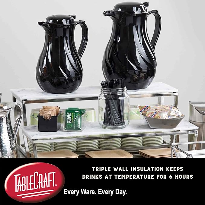 TableCraft 1001302 Insulated Coffee Carafe, Triple Wall Swirl Design, 20 oz Hot Beverage Server, BPA-Free Plastic, White Carafe, Thumb-Press Lid, Color ID Tags, NSF Listed
