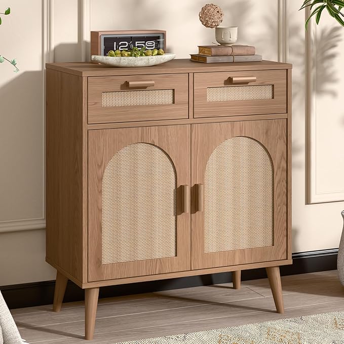 Vabches Kitchen Storage Cabinet with Barn Door, Rattan Sideboard Buffet with Storage Drawers, Rattan Kitchen Cabinet with Drawers for Dining Room, Living Room, EntryWay