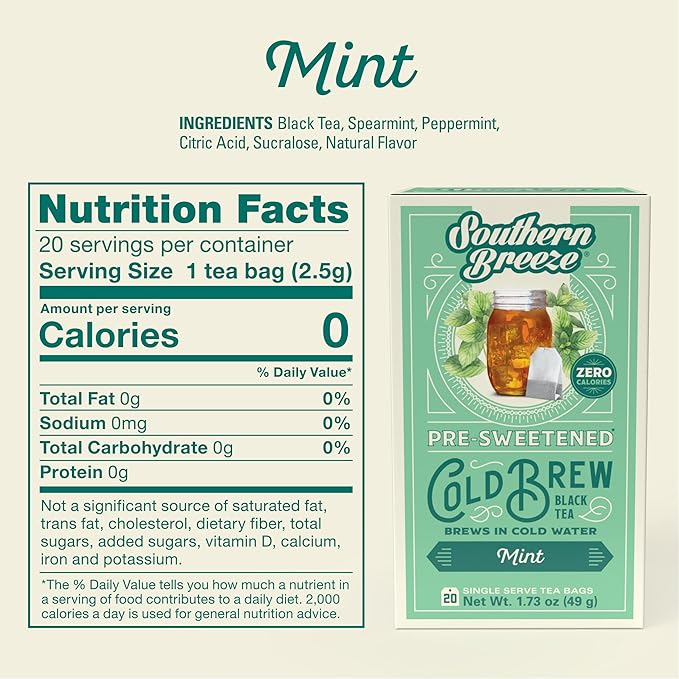 Southern Breeze Cold Brew Sweet Tea Mint Iced Tea with Black Tea and Zero Carbs Zero Sugar, 20 Individually Wrapped Tea Bags (Pack of 2) Southern Sweet Tea Iced Tea Beverage