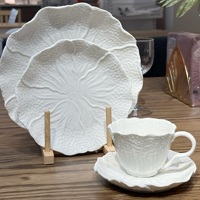 2 Pack White Ceramic Cups and Saucers Coffee Cups with Cabbage Floral Design 200ml (7 oz) Tea Cups for Espresso, Latte, Porcelain Mugs