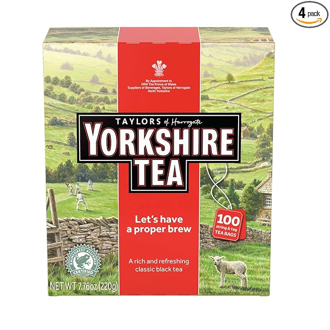 Yorkshire Tea, Red, Black Tea, String and Tagged Bags, 100 Count (Pack of 4), Refreshing, Satisfying, and Strong, Classic British Breakfast Blend, Caffeinated, Enjoy Hot or Iced, 400 Teabags Total