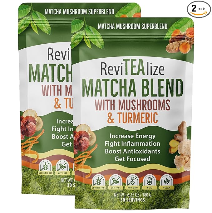 ReviTEAlize Organic Matcha Mushroom Powder - Organic Ceremonial Grade - Coffee Alternative - Latte (60 Servings)