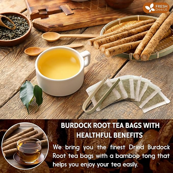 FreshDrinkUS, Premium 120 Burdock Root Tea Bags, 100% Natural & Pure, Herbal Tea. Made with Natural Material Tea Bags. No Sugar, No Caffeine, No Gluten, Vegan.