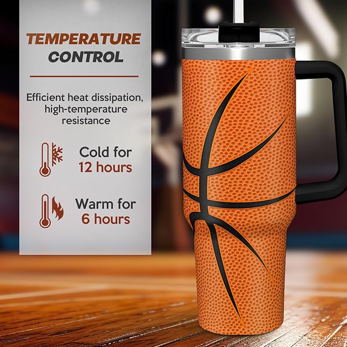 SANDJEST Basketball Tumbler with Handle 40oz Lid & Straw, Insulated Coffee Cup Gifts for Men Boys Players, Christmas Birthday