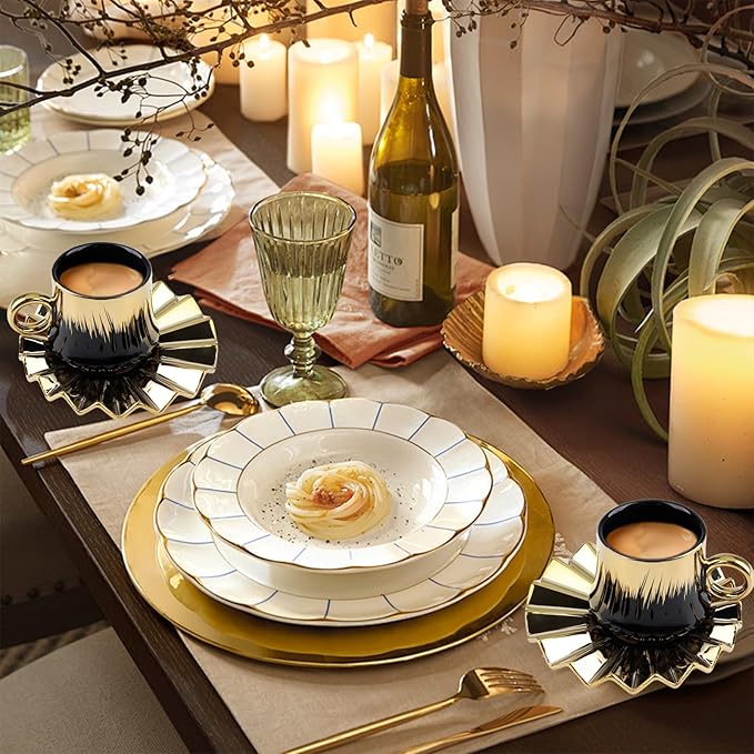 Goldmeet 6-Piece Turkish Coffee Cup Set, 3.5oz Elegant Ceramic Tea Cups with Saucers for Cappuccino Latte, Espresso Cup Set with Gift Box for Home & Cafe Use, Black Gold Luxury Design