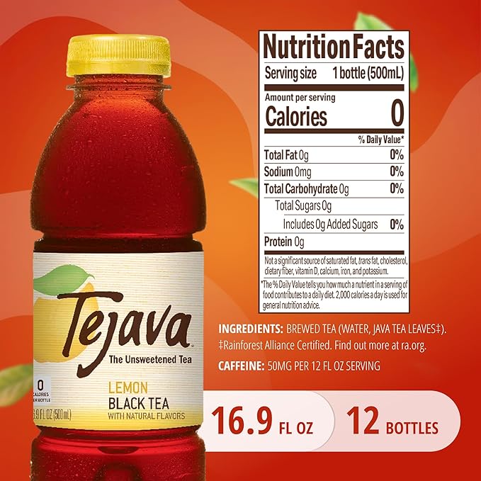 Tejava Lemon Black Iced Tea, 12 Pack, 16.9oz PET Bottles, Unsweetened, Non-GMO, Kosher, No Sugar or Sweeteners, No calories, No Preservatives, Brewed in Small Batches