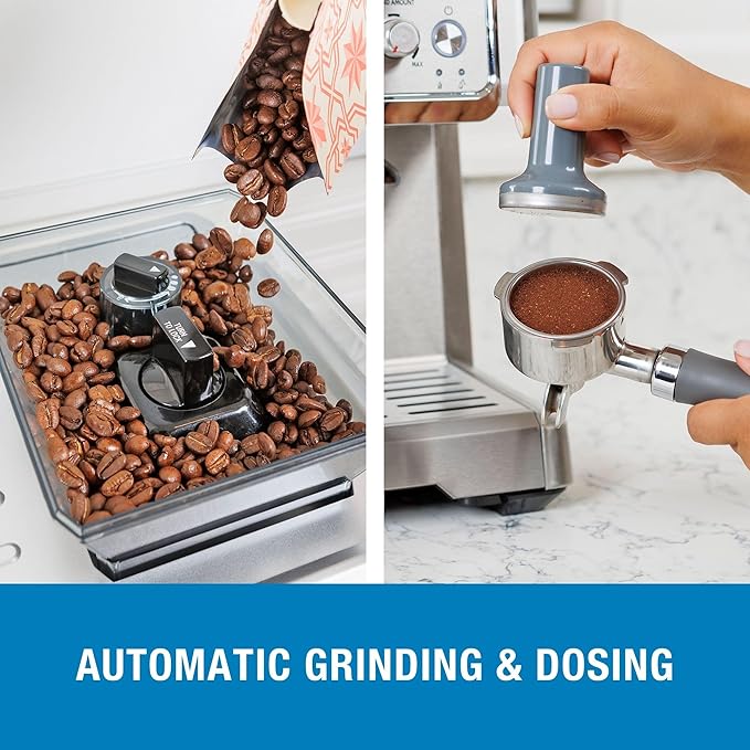 Kenmore Espresso Machine – Automatic Coffee Maker with Manual Tamper, Auto Cleaning, Milk Steamer & Frother, Bean Grinder, Brew Professional Barista Style Cappuccino, Café Latte