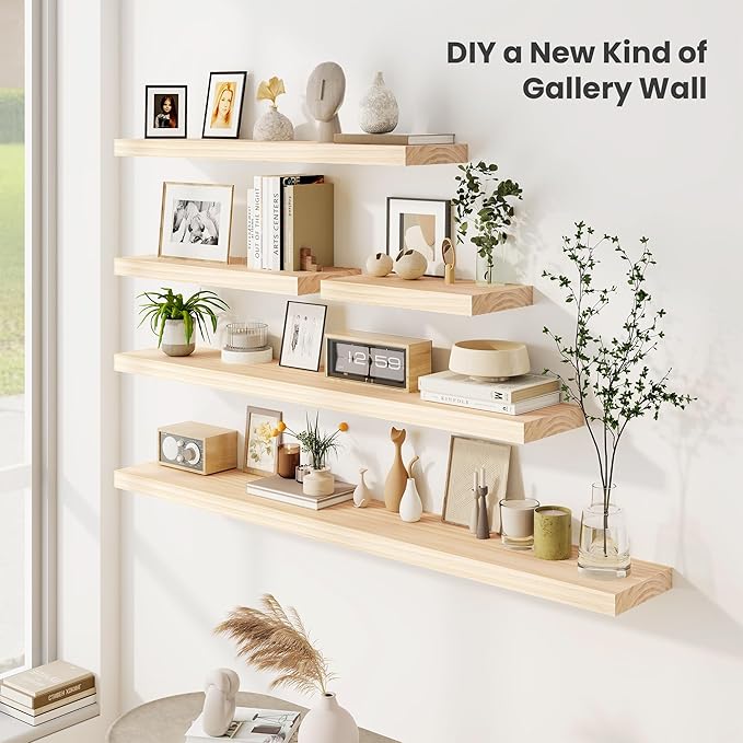 Fun Memories Wood Floating Shelves Set of 2, Rustic Pine Wood Floating Shelves for Wall Mounting, Wide Wall Shelf for Home Decor and Storage, 16" W x 7" D, Natural Unfinished, DIY Stain