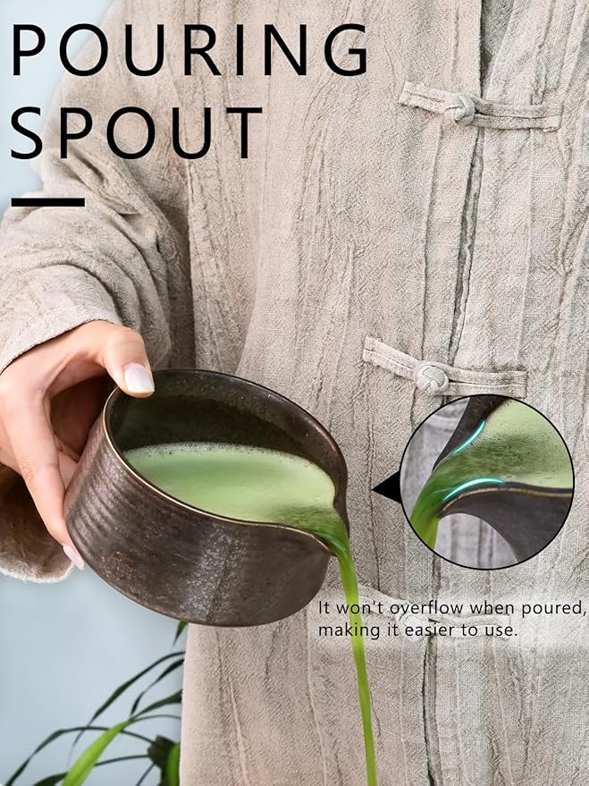 Artcome Matcha Tool Set - Complete Kit with Matcha Bowl with Spout, Bamboo Whisk, Tea Scoop, Whisk Holder, Scoop Holder, Tea Cloth & Powder Strainer, Antique Finish