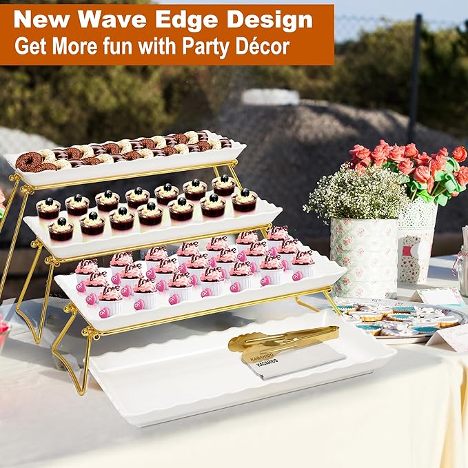 KAQAHIDO Extra Large 4 Tier Serving Tray Set, 34x22x10 inch Wave Edge Melamine Dessert Table Display Set, Tiered Trays Stand for Party Buffet Entertaining, Gold and White