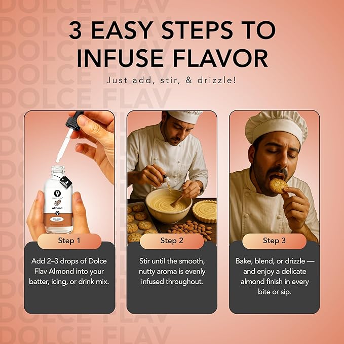 Dolce Flav Natural Almond Extract – 8 Ounce Water-Soluble Kosher, Sugar-Free, Concentrated Pure Almond Flavoring for Baking, Pastries & Beverages, Includes Measured Dropper