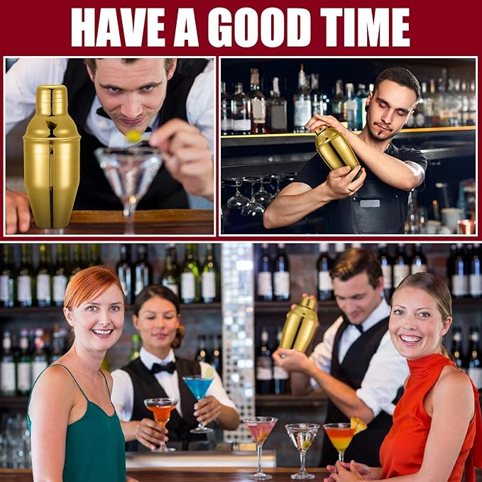 Nitial 6 Pcs Bar Cocktail Shaker Professional Stainless Steel Martini Drink Mixer Built-in Strainer for Bartending No Leaks Shaker for Bar Party Drink Mixer(Gold,11.8 oz)