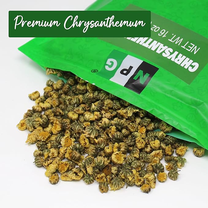 NPG Chrysanthemum Bud Tea 16 Oz, Premium Dried Chinese Tai Ju Flowers, Juhua Herbal Tea, Caffeine-Free, Non-GMO Loose Leaf with Floral Fragrance, Sweet and Refreshing Flavor for Relaxation
