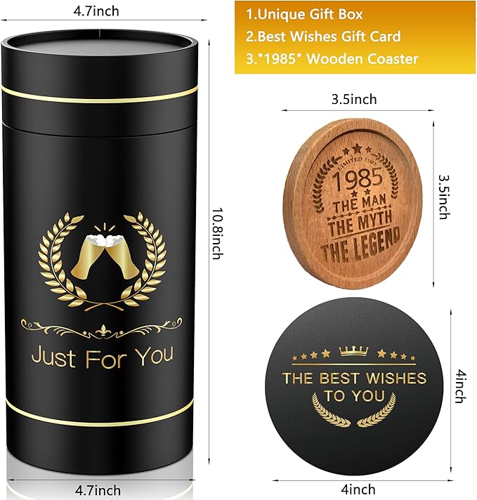 40th Birthday Beer Glasses Gifts, Personalized '1985' Vintage Glass Ware Set for Men, Black Gift Package with Drinking Glass, Coaster, and Card for 40 Years Old Man