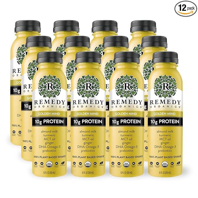 Remedy Organics Golden Mind 12-Pack | Plant Based Protein Shakes, Ready to Drink | USDA Organic, Gluten Free, Dairy Free, Soy Free