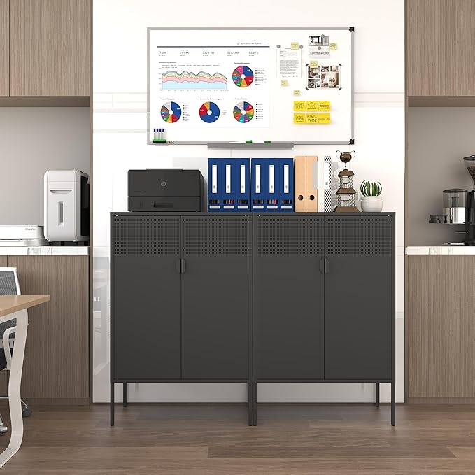 Black Metal Storage Cabinet,2 Door TV Stand, Metal Mesh Accent Cabinet,Magnetic Door Closure,Low Storage Cabinets with Doors and Shelf for Home,Office,Living Room