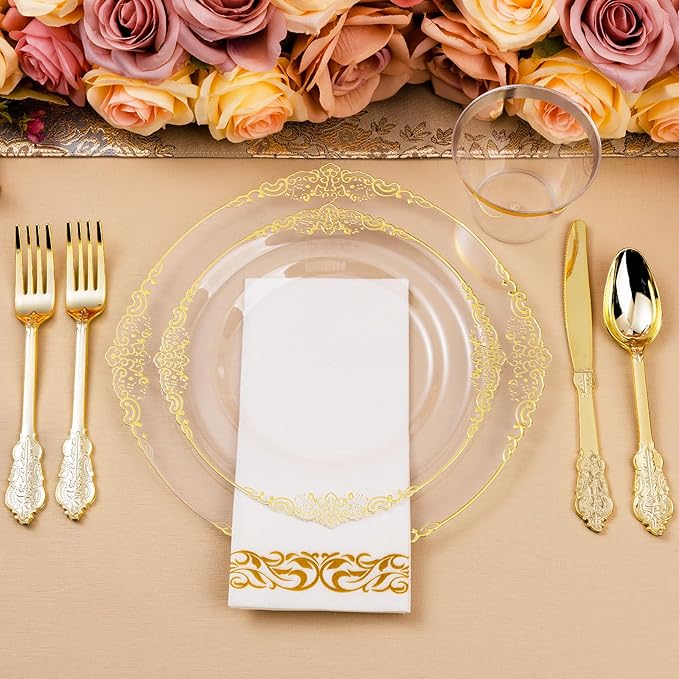 350PCS Clear Gold Plastic Plates for 50 Guests, Disposable Dinnerware Set Includes 100 Clear Disposable Plates, 150 Gold Silverware, 50 Cups, 50 Napkins for Party, Wedding