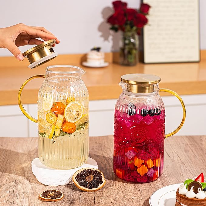 Amzcku Glass Pitcher with Lid, 68 oz/ 2 Liter Vintage Water Pitcher,Glass Water Carafe for Cold Brew, Coffee, Lemonade, Iced Tea,Beverage, Heat Resistant Water Glass Jug 1Pack