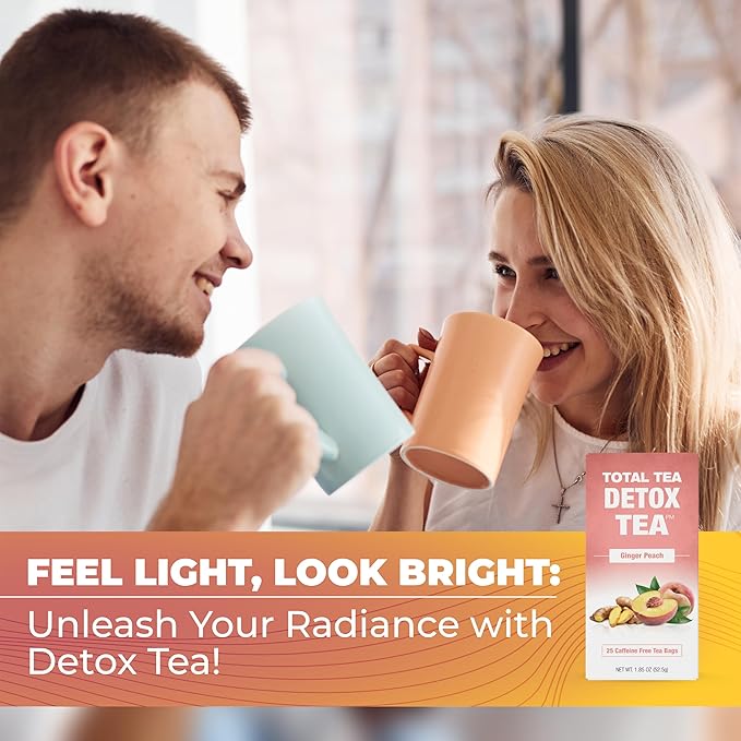 Total Tea SIimming Detox Tea Caffeine Free - 25 Day Detox - Weight l0ss for women with Chamomile, Hibiscus Tea & Ginger Root for Colon Cleanse – Natural Herbal Ginger & Peach Fruit Tea for Digestive Health