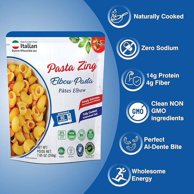 Pasta Zing Elbow Pasta, 100% Durum Wheat, 14g Protein, Made with 2 Clean Ingredients, Al Dente Bite, Zero Sodium & Cholesterol, Non-GMO, 7.05oz Pack of 7