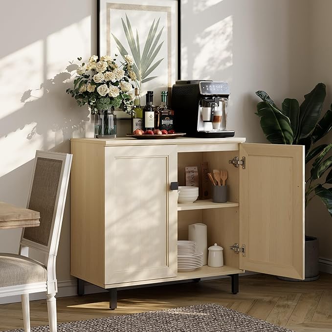 Multifunctional Buffet Sideboard Cabinet Farmhouse Modern Storage Cabinet with Adjustable Shelves for Kitchen, Coffee Bar, Living Room, Beige