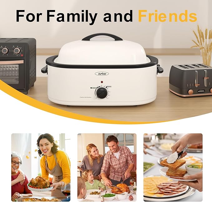 Sunvivi Roaster Oven with Self-Basting Lid,18 Quart Electric Roaster with Removable Pan & Rack,150-450°F Full-Range Temperature Control with Defrost/Warm Function,Stainless Steel,White