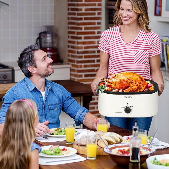 Sunvivi 26 Quart Electric Roaster with Removable Pan, 30 LB Electric Turkey Roaster Oven with Visible & Self-Basting Lid,Large Roaster with Turkey Holder and Cool-Touch Handles,White Body