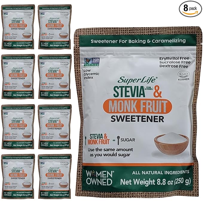 Super Life Stevia & Monk Fruit Sweetener – Low-Glycemic Index, Erythritol-Free Sugar Alternative for Baking, Beverages & Caramelizing | Non-GMO, Low-Calorie, Keto Diet Friendly – 8.8oz / 250g (8-Pack)