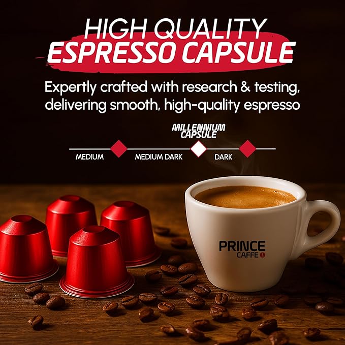 Prince Caffe Espresso Pods –Millennium Intensity 9, Medium-Dark Roast, The Espresso Coffee Pods Are Compatible with Nespresso Original Line Machines, 30 Count (3 x 10 Capsules) Premium Quality Coffee Capsules.