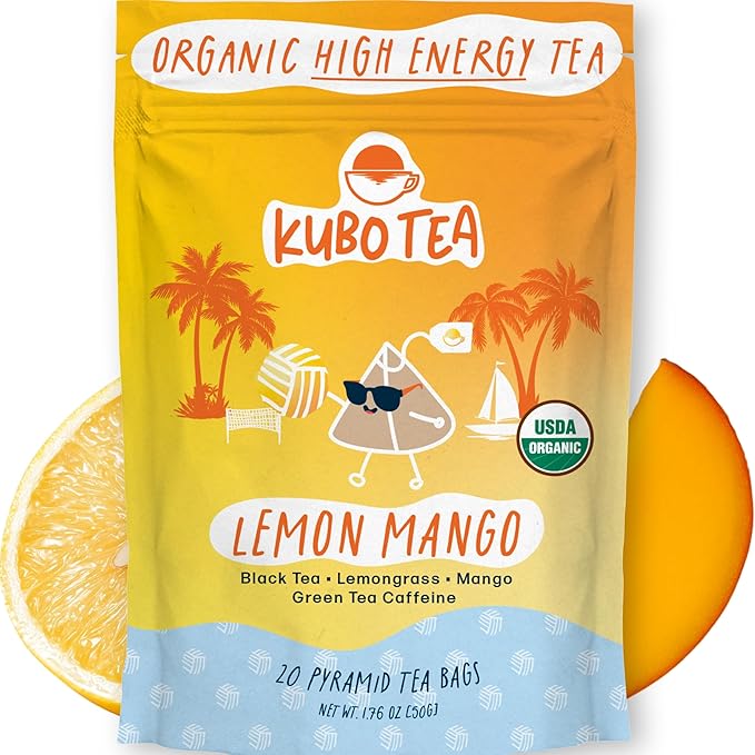 High Caffeine Tea (155 mg) – Kubo Tea: Organic Lemon Mango Black Tea Bags for Clean Energy & Focus | Healthy Coffee Substitute | Fruity Caffeine Blend | 20 Ct | Compostable Packaging