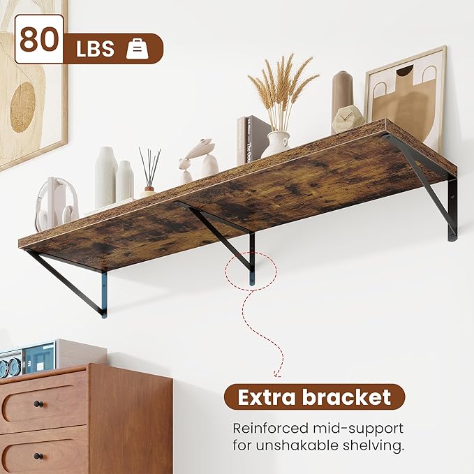 Deep Wall Shelves 55"W x 12"D Engineered Wood Floating Shelves for Wall, Sturdy Metal Bracket Bookshelves Home Decor Storage for Living Room Bedroom Bathroom Kitchen, Set of 2, Rustic Brown Finish