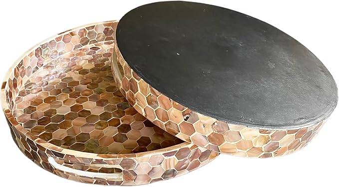 i-lan 16 Inch Mother of Pearl Inlay Decorative Serving Tray with Handles,Round Wooden Marble Decorative Mosaic Home Serving Tray Platter for Tea,Breakfast,Display