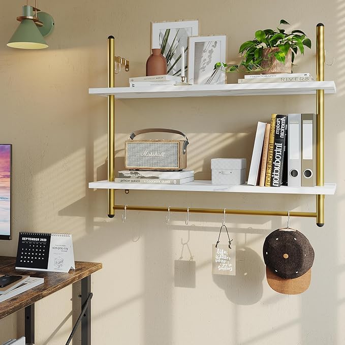 Bestier Floating Shelving 31" Kitchen Wall - Mounted Shelf with Towel Bar Hooks Coffee Bar Shelf Wine Hanging Display Rack Bookshelf Living Room Decor Bathroom - White Marble