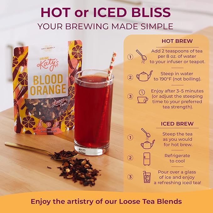 Katy's Blood Orange Loose Leaf Tea | Fruity & Citrusy Herbal Tea | Orange Peel & Hibiscus | Caffeine-Free & Hydrating Fruit Tea | 30+ Cups | Hot or Iced | Antioxidant-Rich | Woman-Owned | 3oz Pouch