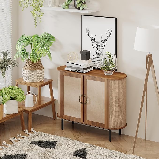 40" Sideboard Buffet With Storage, Rattan Small Buffet, Oval Accent Cabinet for Living Room, Dining Room (Walnut, 40inch)