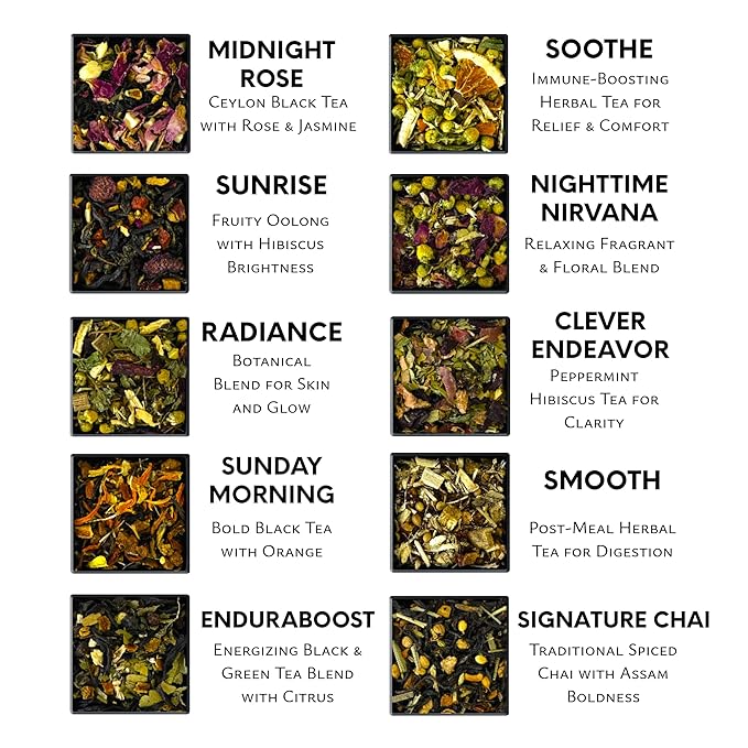 Pure And Easy Tea, Premium Loose Leaf Tea Sampler Set, 30-Count Variety Pack of Herbal and Caffeinated Blends, Luxury and Wellness Teas in a Designer Gift Box (150g)