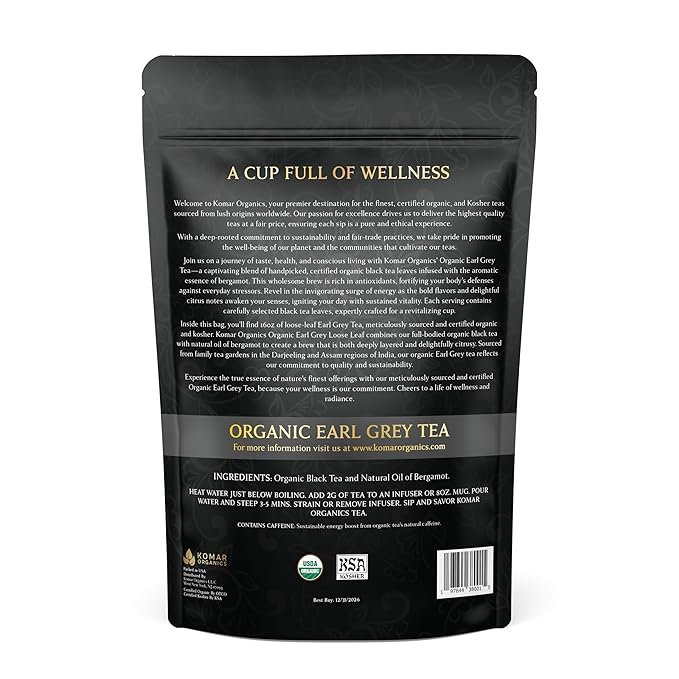 Komar Organics Earl Grey Tea Loose Leaf - 16 Oz USDA Organic, Certified Kosher 1 LB Black Tea Infused With Natural Oil and Bergamot