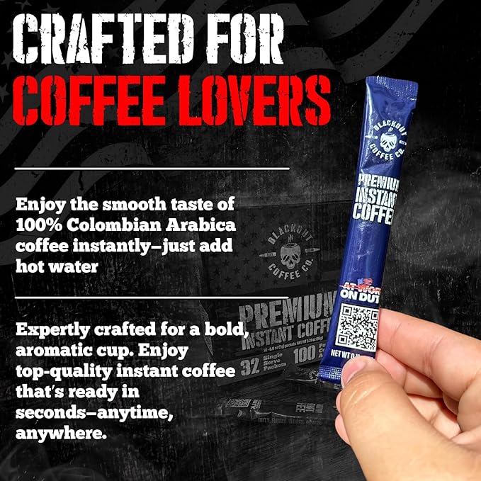 Blackout Coffee Colombian Arabica Instant Coffee – Medium Roast, Strong Aromatic, Single Serve Packets – Premium Quality 32 Count.