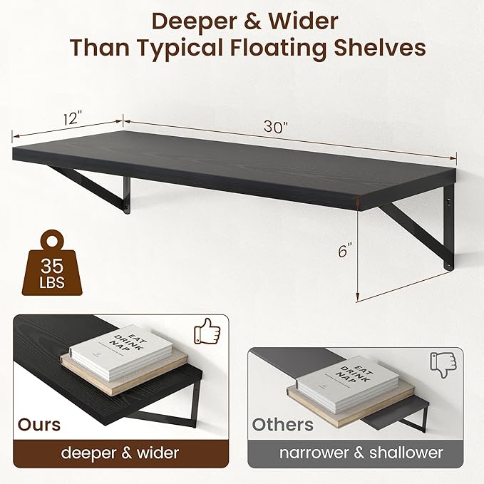 Axeman Deep Floating Shelves - 30 Inch Black Floating Shelves Set of 2-12 Inch Deep Wood Wall Shelves for Living Room Bathroom Kitchen