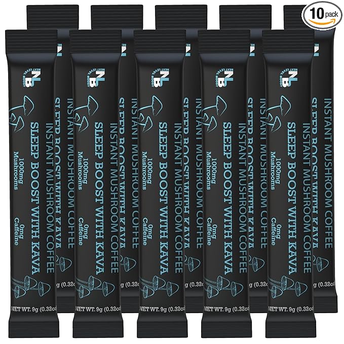 Sleep Boost with Kava Organic mushroom Instant Coffee - 10 x 9g Packets - Healthy Coffee alternative and Substitute - With Collagen, Lions Mane and Antioxidants